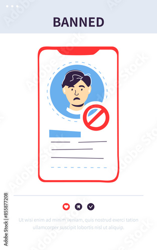 Banned account - colorful flat design style banner with linear elements. Incorrect password or violation of the rights of the online site. Forbidden access to social networks on a smartphone