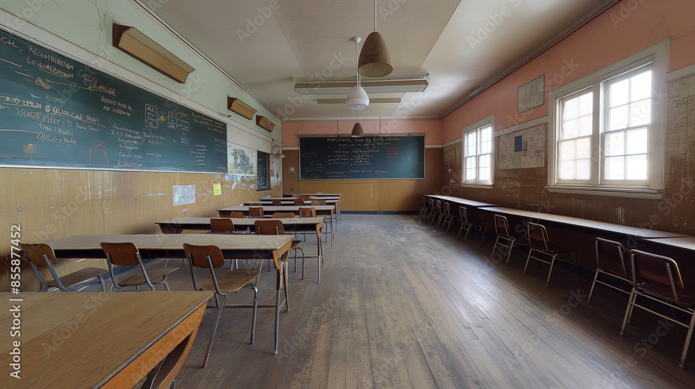Photo of a long and narrow elementary school classroom with a very long distance to the blackboard, the classroom is empty Photo of a long and narrow elementary school classroom with a very long distance to the blackboard, the classroom is empty