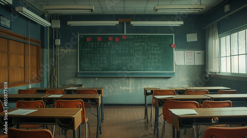Obraz na płótnie Photo of a long and narrow elementary school classroom with a very long distance to the blackboard, the classroom is empty w salonie