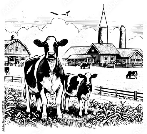holstein friesian cattle farm hand drawn illustration milk cow vector