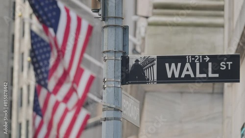 Close up of Wall Street sign in New York City with USA flags waving in background symbolizing the United States financial industry