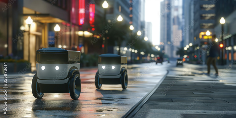 A autonomous delivery robots navigating city streets and delivering packages, highlighting the future of logistics and delivery services A autonomous delivery robots navigating city streets and delivering packages, highlighting the future of logistics and delivery services