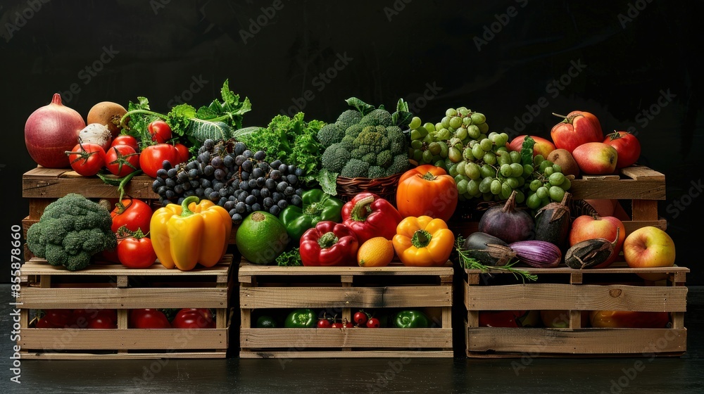 Fresh fruits and vegetables in wooden boxes placed on table on black background. wide angle lens Fresh fruits and vegetables in wooden boxes placed on table on black background. wide angle lens