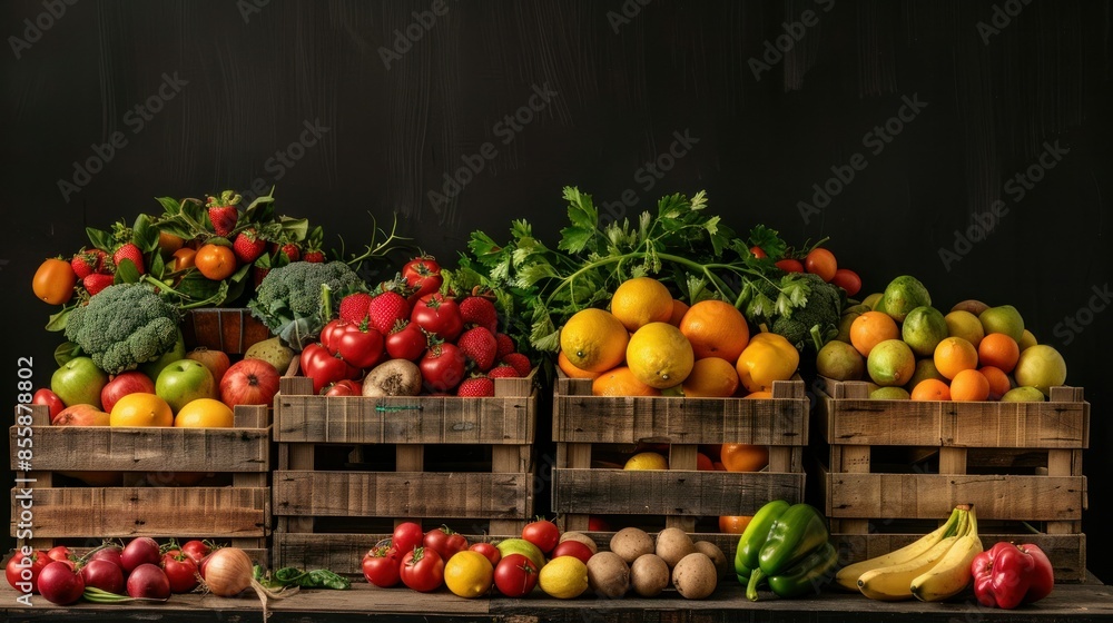 Fresh fruits and vegetables in wooden boxes placed on table on black background. wide angle lens Fresh fruits and vegetables in wooden boxes placed on table on black background. wide angle lens