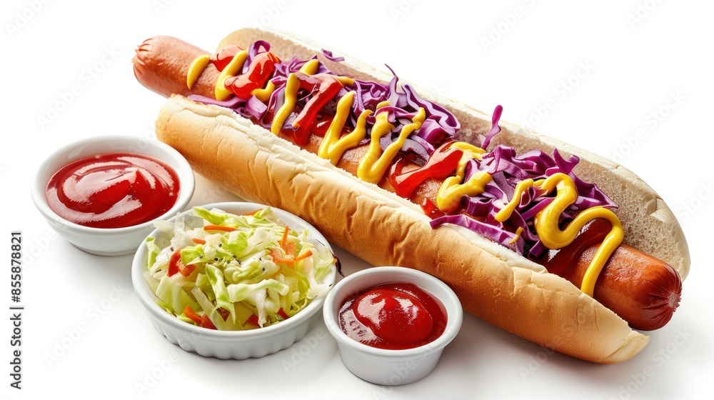 Fresh hot dog with sauces mayonnaise, ketchup and mustard and cabbage isolated on a white background wide angle lens Fresh hot dog with sauces mayonnaise, ketchup and mustard and cabbage isolated on a white background wide angle lens