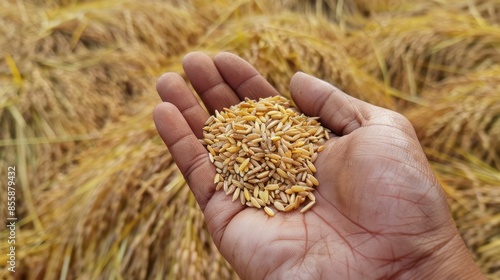 Hand holding golden paddy seeds with paddy rice background. wide angle lens © ปฏิภาน ผดุงรัตน์