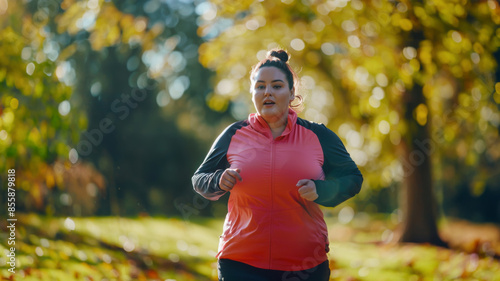 chubby Woman running in autumn park.