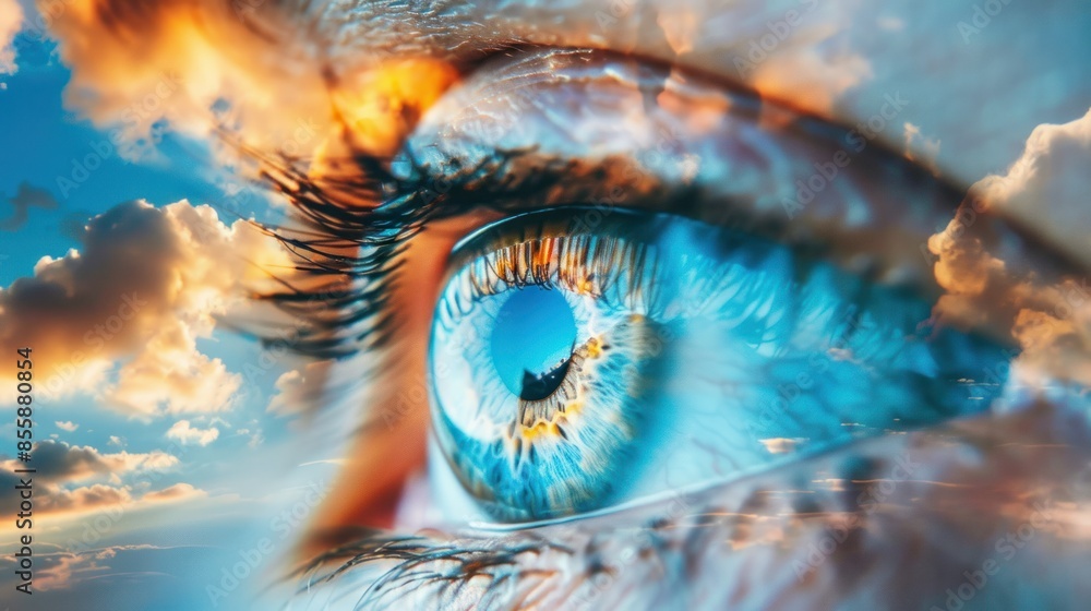 Human eye amidst sky and clouds, reflecting the healing of eye movement desensitization reprocessing therapy. wide angle lens Human eye amidst sky and clouds, reflecting the healing of eye movement desensitization reprocessing therapy. wide angle lens