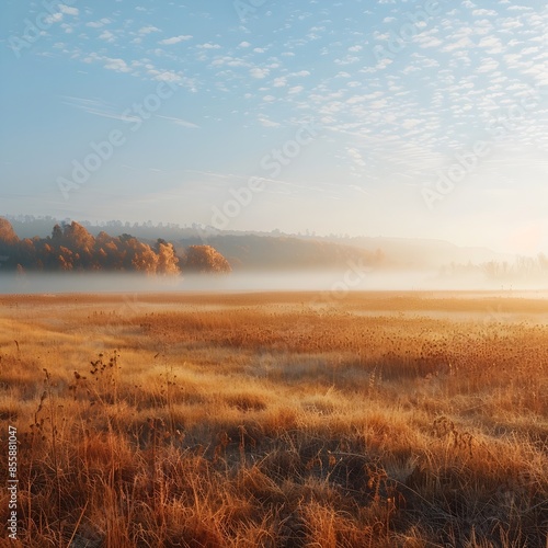 Misty Autumn Morning Over Golden Countryside Landscape with Tranquil Atmosphere © Thares2020