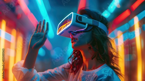 ntelligent woman in a neon-lit environment wearing virtual reality glasses, engaging with a futuristic virtual world using her hands to interact with simulated objects. Illusion. wide angle lens photo