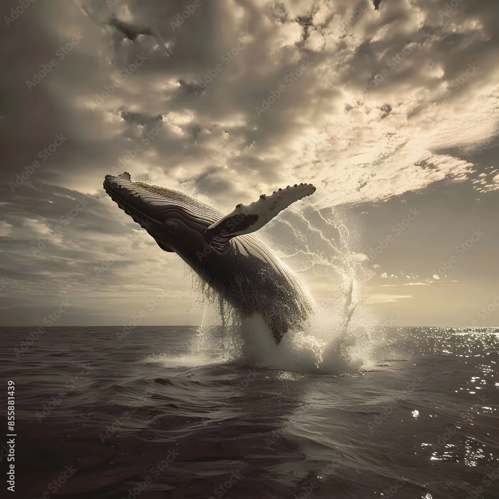 Fototapeta premium Majestic Whale Breaching the Powerful Ocean Waves with Dramatic Splash
