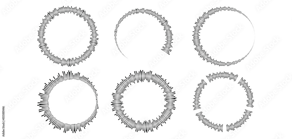 Set of abstract circular equalizer. Sound waves. Radial radio and voice volume symbol. Vector illustrations isolated on white background. Set of abstract circular equalizer. Sound waves. Radial radio and voice volume symbol. Vector illustrations isolated on white background.