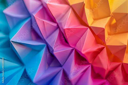 Macro image of paper folded in geometric shapes, three-dimensional effect, abstract background 