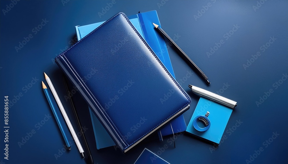 Notebook and pens, School wallpaper, book Set on Blue. Top view of a neat dark blue background. Ideal for school book set and pen Notebook and pens, School wallpaper, book Set on Blue. Top view of a neat dark blue background. Ideal for school book set and pen