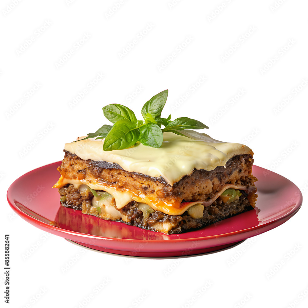 Delicious lasagna with layers of meat, cheese, and pasta on a red plate, garnished with fresh basil leaves, isolated on a white background. Delicious lasagna with layers of meat, cheese, and pasta on a red plate, garnished with fresh basil leaves, isolated on a white background.