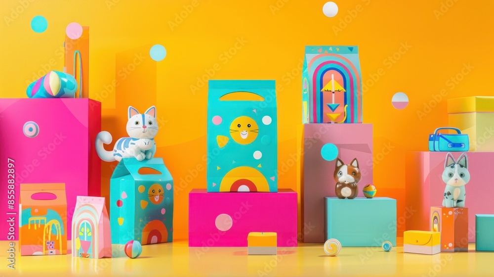 Mockups of packaging for pet products, such as treat bags and toy boxes. The packaging is designed to be vibrant and playful. wide angle lens Mockups of packaging for pet products, such as treat bags and toy boxes. The packaging is designed to be vibrant and playful. wide angle lens