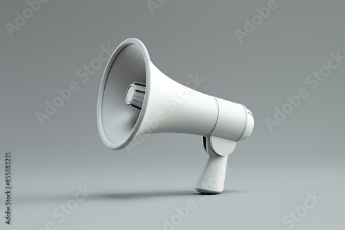 A minimalist white megaphone with a matte finish, standing at a slight angle, isolated on a soft gray background.