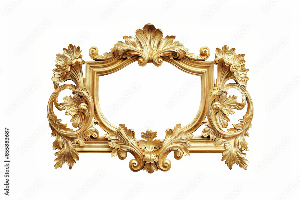 Golden ornate floral frame is isolated on a white background, featuring intricate carvings and a classic design Golden ornate floral frame is isolated on a white background, featuring intricate carvings and a classic design