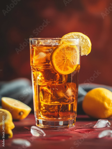 Glass of iced tea with lemon slices and ice cubes on a table.