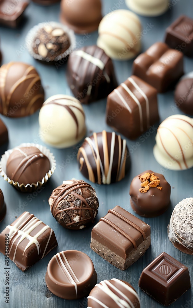 Assorted gourmet chocolates on a blue background. Variety of dark, milk, and white chocolate truffles and pralines with decorative designs. Assorted gourmet chocolates on a blue background. Variety of dark, milk, and white chocolate truffles and pralines with decorative designs.