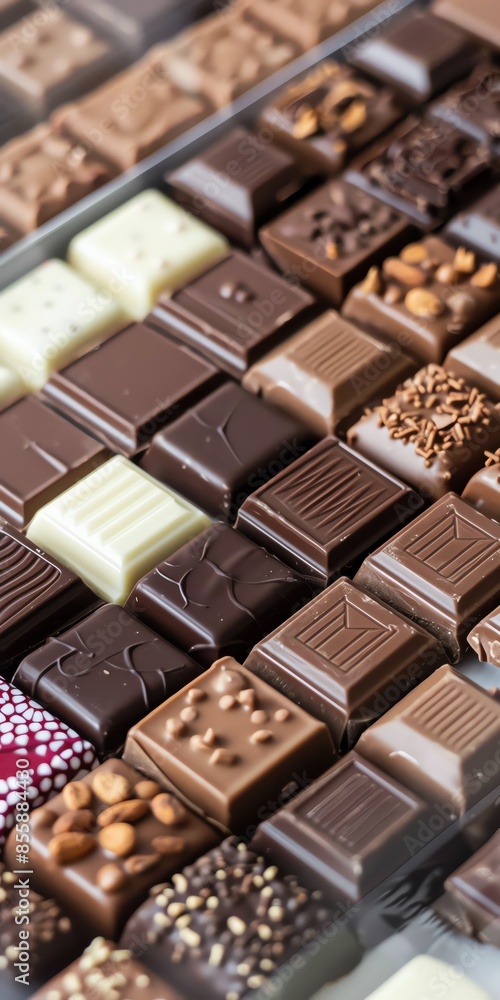 Close-up image of various luxury chocolate pieces in a display, showcasing dark, milk, and white chocolate with assorted toppings. Close-up image of various luxury chocolate pieces in a display, showcasing dark, milk, and white chocolate with assorted toppings.