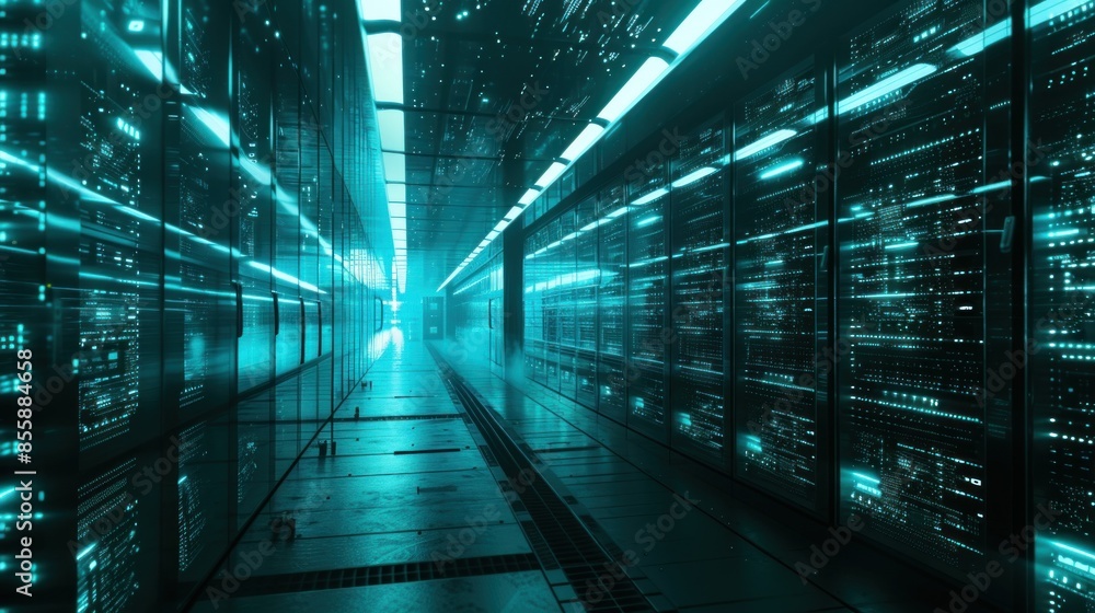 Shot of Data Center With Multiple Rows of Fully Operational Server Racks. Modern Telecommunications, Artificial Intelligence, Supercomputer Shot of Data Center With Multiple Rows of Fully Operational Server Racks. Modern Telecommunications, Artificial Intelligence, Supercomputer