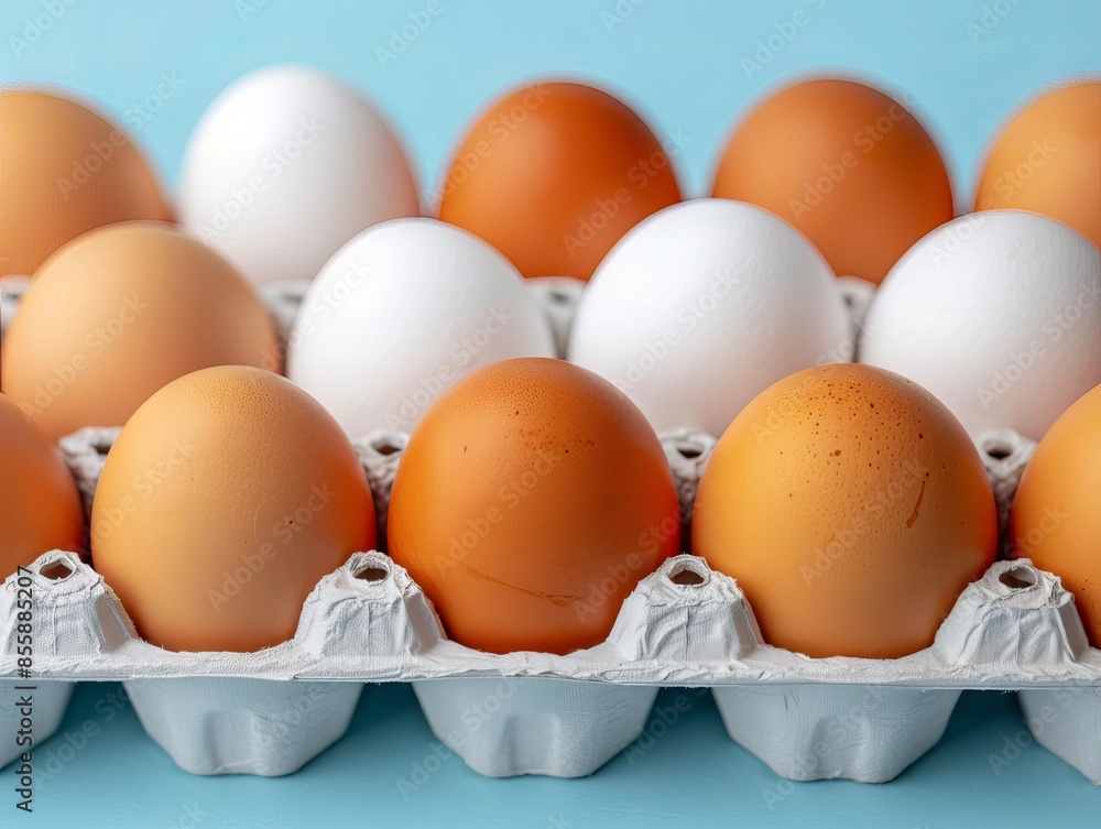 Close-up of a carton with white and brown eggs, evenly arranged on a blue background, high-quality stock photo for culinary and nutrition use. Close-up of a carton with white and brown eggs, evenly arranged on a blue background, high-quality stock photo for culinary and nutrition use.