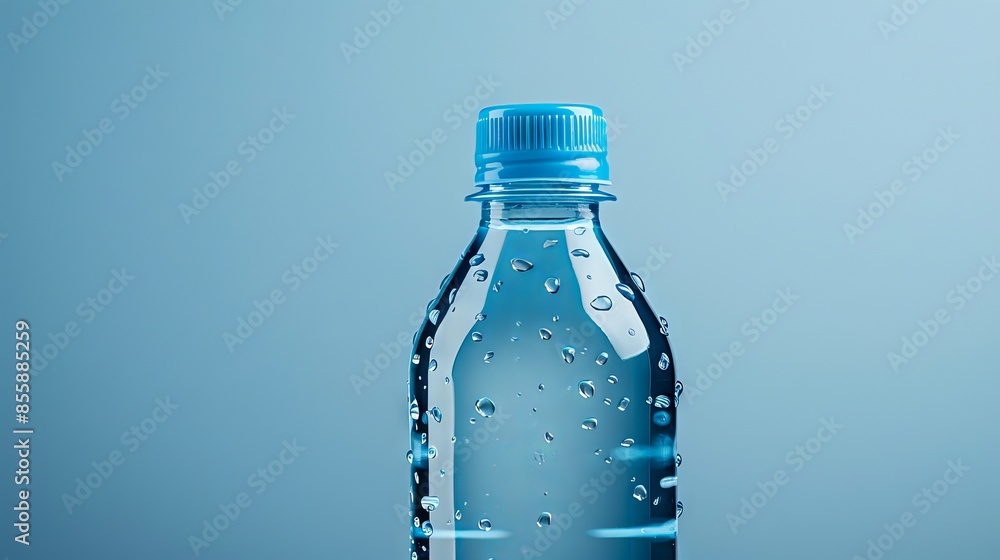 Close-up of a plastic water bottle with a blue cap and water droplets against a blue background, highlighting hydration and freshness. Close-up of a plastic water bottle with a blue cap and water droplets against a blue background, highlighting hydration and freshness.