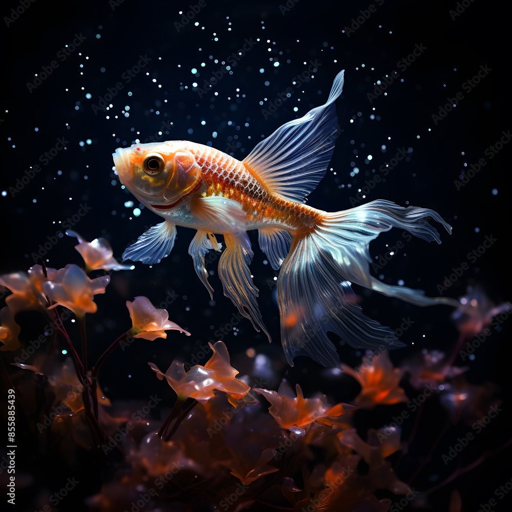 Fototapeta premium A goldfish gracefully swam in a crystal clear