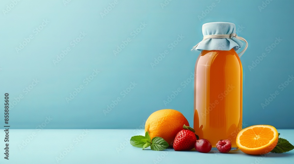 Fresh fruit juice in a glass bottle surrounded by oranges, strawberries, and raspberries on a light blue background. Fresh fruit juice in a glass bottle surrounded by oranges, strawberries, and raspberries on a light blue background.
