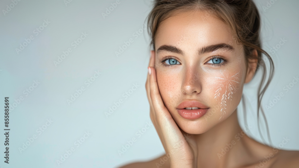 A beautiful woman with clean and healthy skin touching her face against a white background in a beauty advertising concept photo for cosmetic products. A beautiful woman with clean and healthy skin touching her face against a white background in a beauty advertising concept photo for cosmetic products.