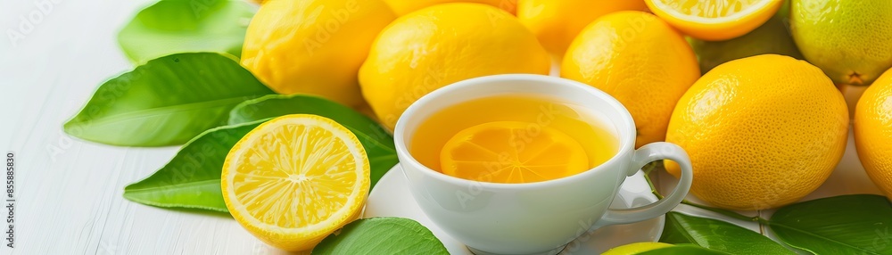Fresh lemon tea in a white cup surrounded by whole and sliced lemons with green leaves background, providing a vibrant and refreshing feel. Fresh lemon tea in a white cup surrounded by whole and sliced lemons with green leaves background, providing a vibrant and refreshing feel.