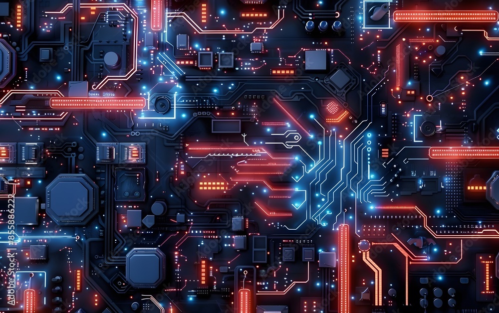 Fototapeta premium Futuristic integrated circuit board with quantum computing elements