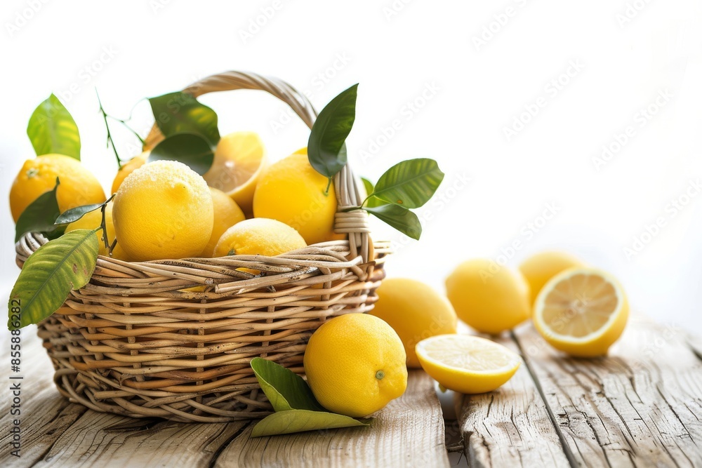 Group of freshly picked harvest lemons on wooden table coming out of a basket isolated white. Front view. Horizontal composition. Group of freshly picked harvest lemons on wooden table coming out of a basket isolated white. Front view. Horizontal composition.