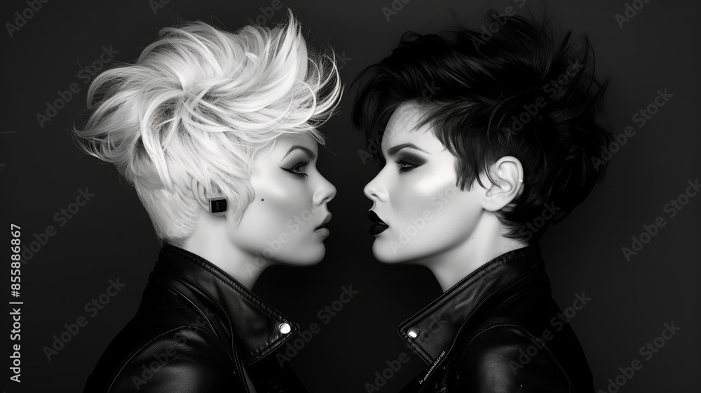 Two Women in Black Leather Jackets Facing Each Other Two Women in Black Leather Jackets Facing Each Other
