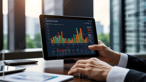 Businessman using tablet analyzing sales data and financial report, business growth graph chart. digital marketing planning and strategy, financial report, business. Generative Ai.