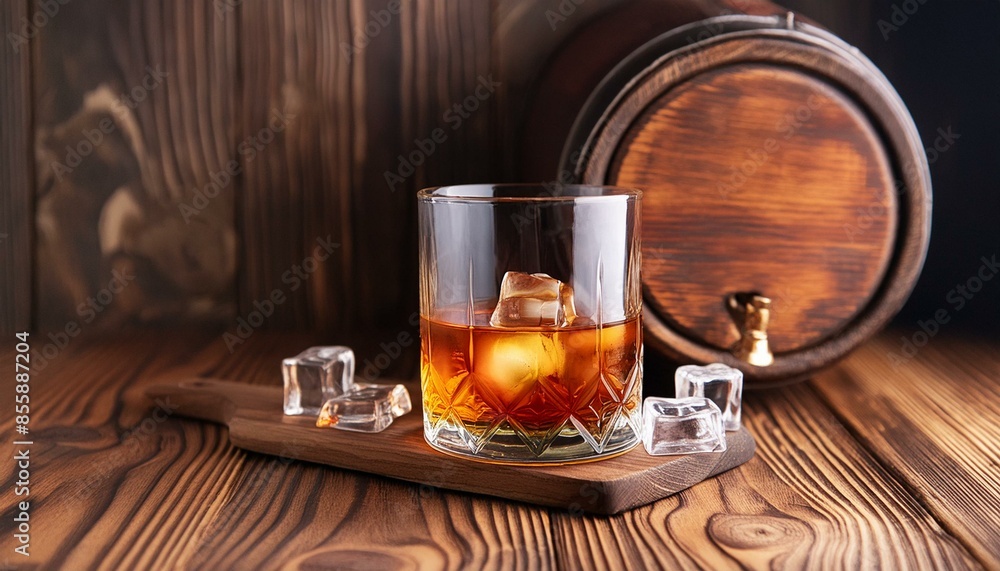 whiskey with ice in a glass on a wooden background; alcohol; selective focus; copy space for text, bar, pub, restaurant menu design concept still life whiskey with ice in a glass on a wooden background; alcohol; selective focus; copy space for text, bar, pub, restaurant menu design concept still life