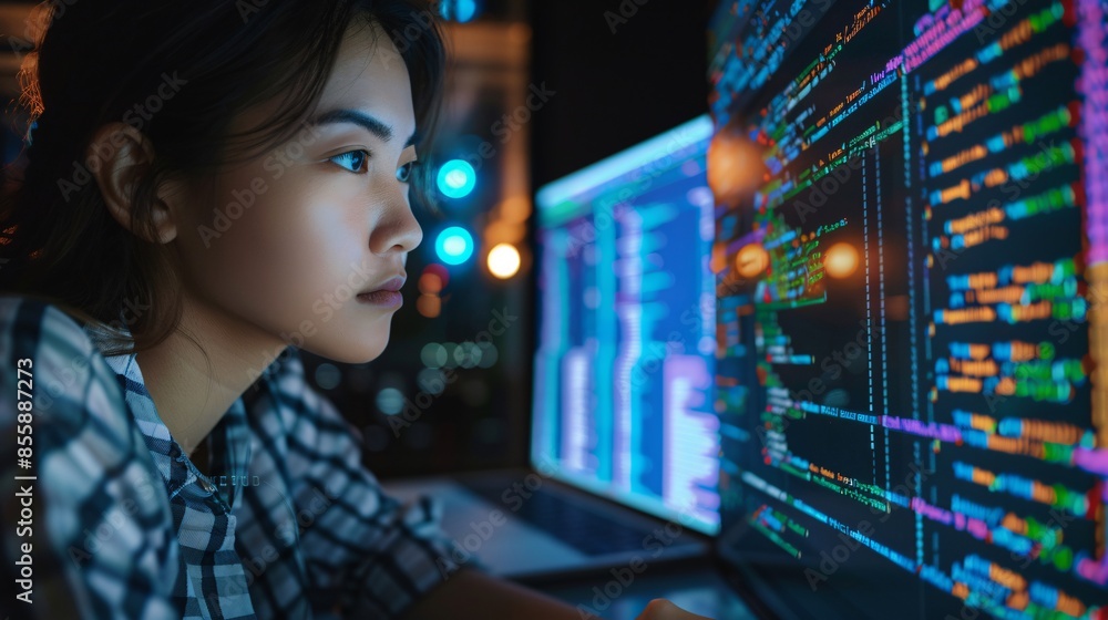 A young woman is deeply engaged in her work on a laptop computer, focusing on a big digital screen displaying back-end code lines as she develops a big data interface software project. A young woman is deeply engaged in her work on a laptop computer, focusing on a big digital screen displaying back-end code lines as she develops a big data interface software project.