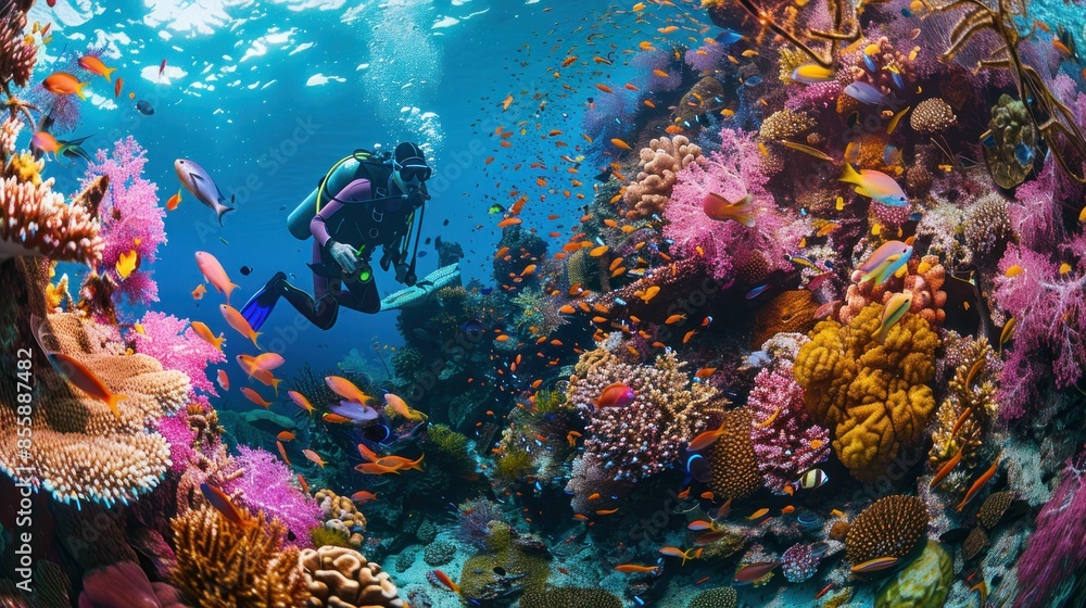 Scuba diver and tropical fish in a colorful and healthy underwater coral reef ecosystem wide angle lens Scuba diver and tropical fish in a colorful and healthy underwater coral reef ecosystem wide angle lens