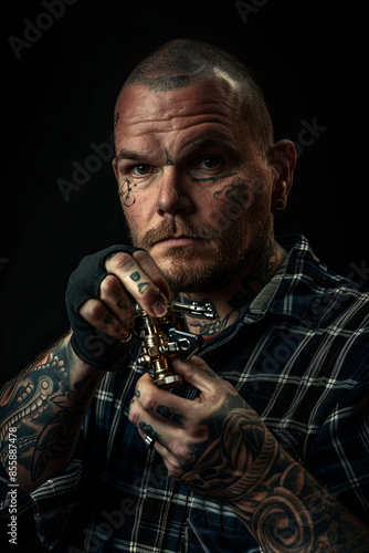 Tattoo artist holding tattoo machine on dark background
 photo