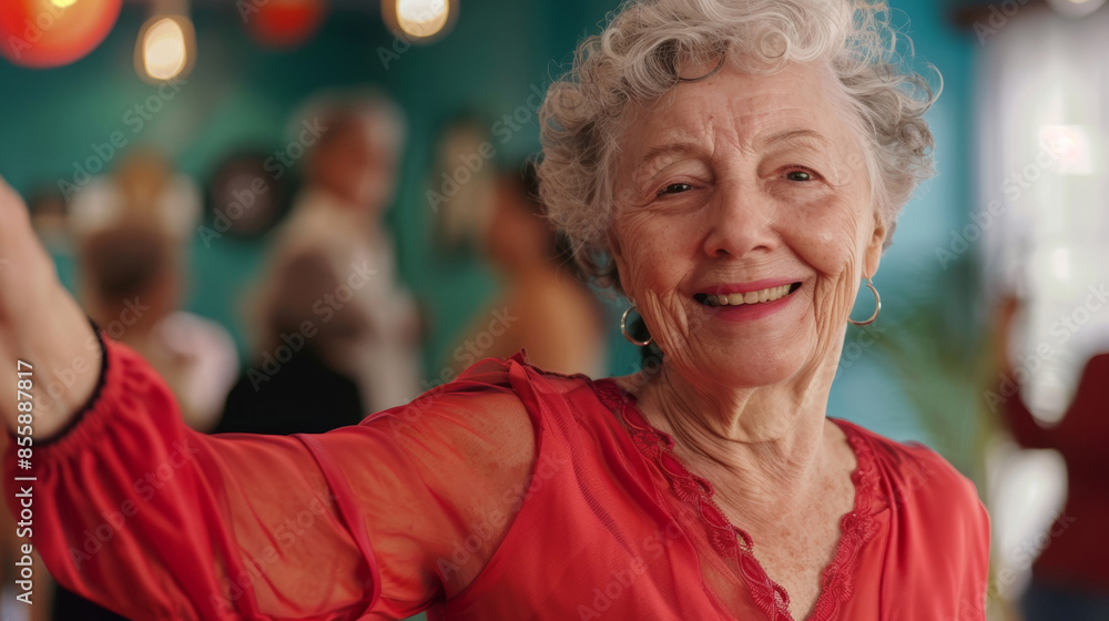 An elderly woman smiles brightly, enjoying a social gathering An elderly woman smiles brightly, enjoying a social gathering