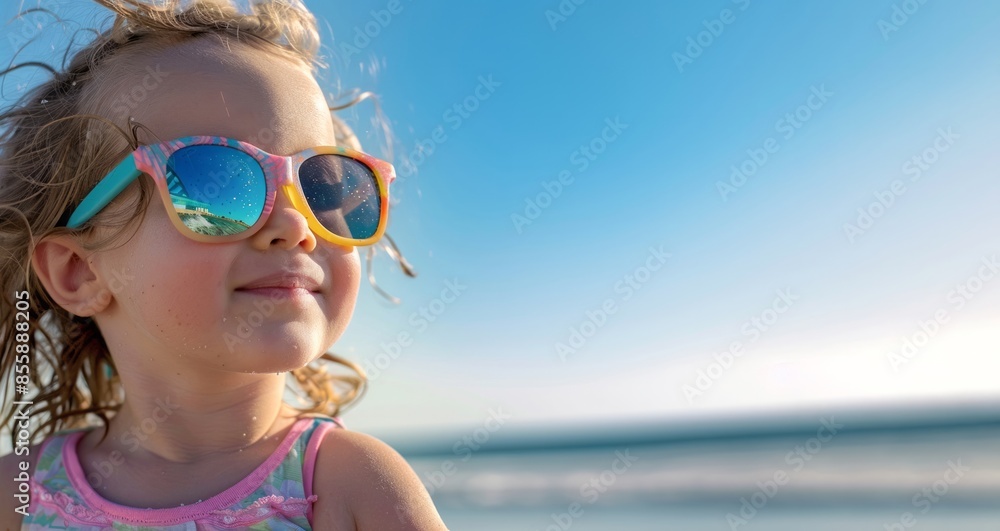 Little blond girl in glasses smiling with the sea on background. Child looking forward. Little blond girl in glasses smiling with the sea on background. Child looking forward.