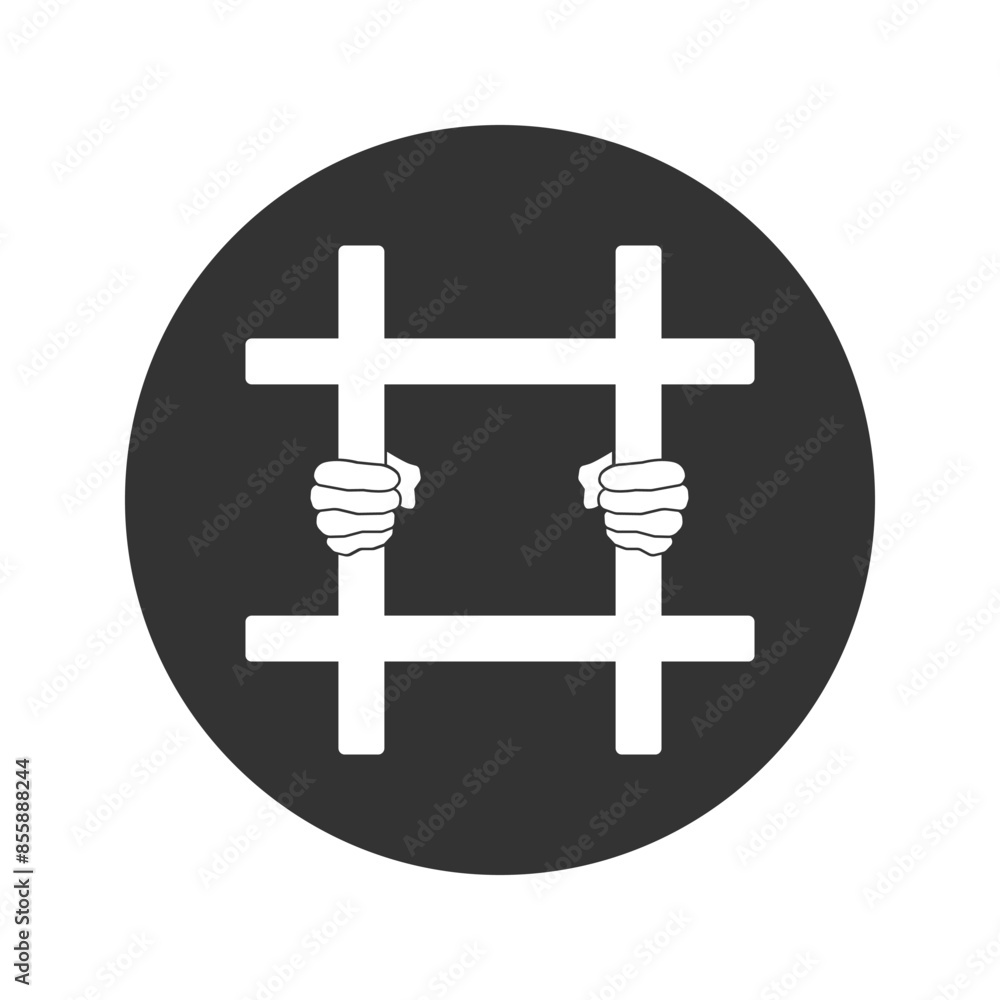 Obraz premium Hands holding prison bars icon on gray background with round shadow. Vector illustration in modern flat style sign