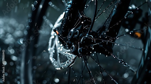 A close-up of a bicycle brake with drops of water on a dark background, featuring space for text or inscriptions. This image captures the essence of cycling safety, mechanical precision