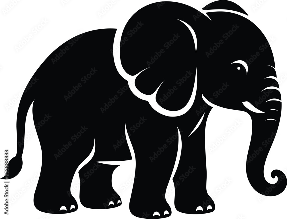 Fototapeta premium Baby Elephant sitting Silhouette isolated on white background Minimalist elephant vector shape icon