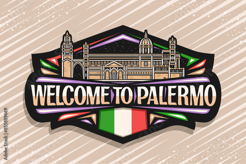 Vector logo for Palermo, black decorative signage with illustration of roman catholic archdiocese of palermo on dusk sky background, line art design refrigerator magnet with words welcome to palermo