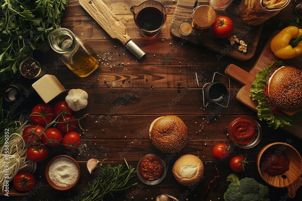 Homemade Burger With Ingredients On Table Elevated Top Homemade Burger With Ingredients On Table Elevated Top