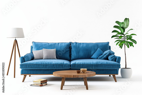 Modern interior design for a living room featuring a blue sofa and a wooden coffee table © Alexandra