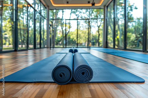 Unrolled yoga mats on wooden floor in fitness center with nobody, modern class prepared for group working out, comfortable space for doing sport exercises, empty class room with big windows
 photo