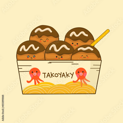 Cute takoyaki illustration. Japanese traditional food or snack illustration vector with various emoticon Expression 